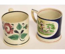 Mid-19th century pair of Staffordshire frog mugs, one decorated with a lady in a landscape to the