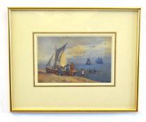 Frederick W Baker, signed watercolour, Coastal scene with fisher folk, 16 x 25cms