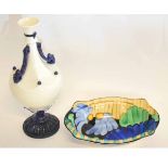 Grey's Pottery lobed dish with a sunburst Art Deco design, together with a white opaline baluster