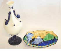 Grey's Pottery lobed dish with a sunburst Art Deco design, together with a white opaline baluster