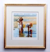 SHEREE VALENTINE DAINES, signed limited edition giclee print depicting girls on beach with nets