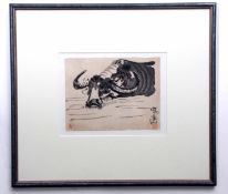 A Peter Bood Japanese wood block print depicting a water buffalo, framed and glazed