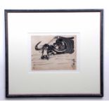 A Peter Bood Japanese wood block print depicting a water buffalo, framed and glazed