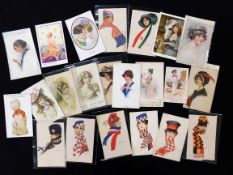 Small collection Edwardian etc postcards including fashion and beauty, several French and Italian