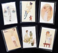 Packet 6 French coloured glamour postcards by RAPHAEL KIRCHNER "Le Gui de Paris" No 22 "Lulu" Series