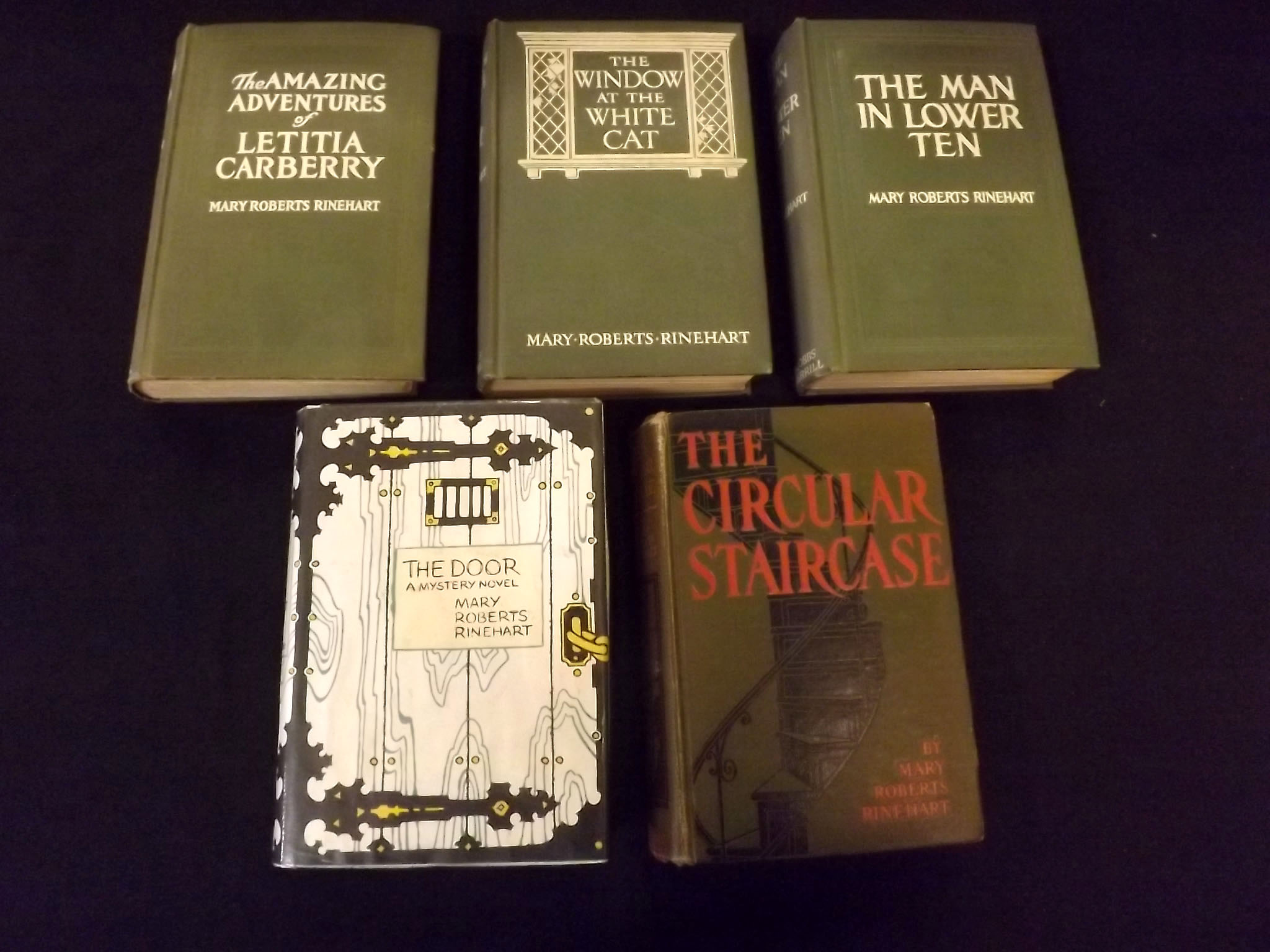 MARY ROBERTS RINEHART: 5 titles: THE CIRCULAR STAIRCASE, Indianapolis, Bobbs-Merrill, 1908, 1st