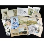 Folder assorted 19th and 20th century watercolours, drawings, photographs and an Oriental land