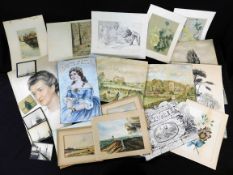 Folder assorted 19th and 20th century watercolours, drawings, photographs and an Oriental land