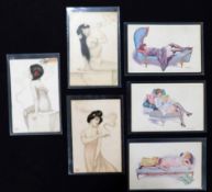Packet 3 RAPHAEL KIRCHNER coloured smoking postcards, 2 unused + 3 French coloured glamour postcards