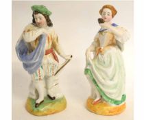 Pair of Continental slip-cast figures of a lady and gent, 14cms high