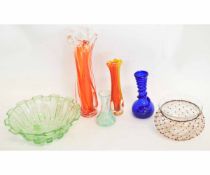 Group of assorted coloured glass wares including green glass fruit bowl, further bowl and four