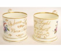 Two 19th century Staffordshire christening mugs, decorated with inscription and floral sprays,