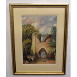 Early 19th century English school watercolour, Horses, cart and figures by a ruined arch, 33 x 23cms