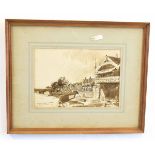 T J C, monogrammed monotone watercolour, inscribed Riverside Cottages with Bridge at Henley on