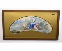 19th century Continental school watercolour, Mother and cherub in a landscape, 9 x 26cms