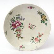 Liverpool (Philip Christian) saucer dish decorated in Worcester style with European flowers, 18cms