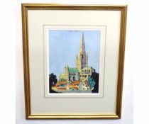 Hudson, signed watercolour and gouache, Norwich Cathedral, 24 x 18cms