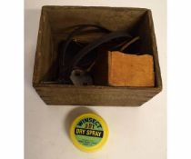 Two boxes containing vintage Bakelite earphones, a small music box, Meccano magazines, an oak