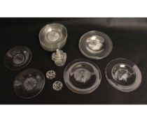 Group comprising thirteen glass ice plates with star cut centres, 13cms diam, seven further