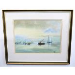 John Tuck, signed watercolour, North Norfolk estuary with boats, 26 x 36cms