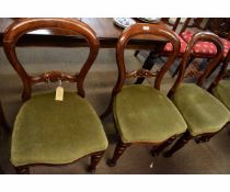 Set of six 19th century balloon back dining chairs with carved back rail with green Dralon