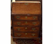 19th century mahogany small bureau, fall front and fitted stepped interior, four drawers below on