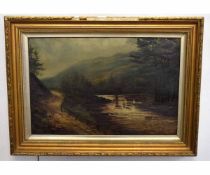 19th century English school, oil on canvas, River Landscape with deer, 30 x 45cms