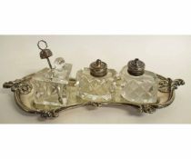 Silver plated candle snuffer tray with decorative castings together with a silver topped glass