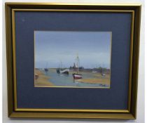John Tuck, signed oil on board, North Norfolk estuary with fishing boats, 14 x 18cms