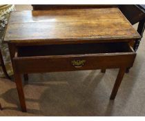 18th century oak single drawer side table supported on square legs with single brass swan neck