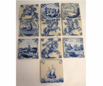 Collection of Delft tiles, with typical decoration in blue and white, 13cms diam (10)