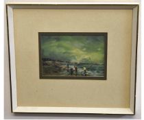 Jack Cox, signed oil on board, Estuary scene with bait diggers, 8 x 11cms
