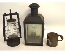 Good quality reproduction Tilley lamp together with a further three-glass railway lantern and a