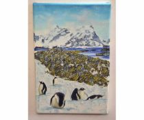 Krys Leach, signed verso, oil on canvas, "Penguin power", 30 x 20cms, unframed