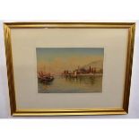 J Da Castro, signed watercolour, Italianate coastal scene, 25 x 35cms