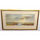 Guy Todd, signed watercolour, Birds alighting over an estuary, 26 x 62cms