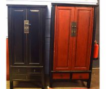 Chinese influence red lacquered double door wardrobe with decorative brass lock, fitted with two