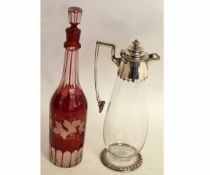 Silver plated glass claret jug, circa early 20th century, and a further Bohemian and glass bottle