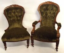 Victorian gent's chair and matching ladies chair, upholstered in green button back (2)