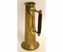 Arts & Crafts brass jug with decorative oak handle, 30cms tall