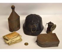 Bevans Boy Miners' Group of tin hat, lamp, tuck tin and a tin flask, together with an MOD telegram