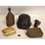 Bevans Boy Miners' Group of tin hat, lamp, tuck tin and a tin flask, together with an MOD telegram