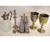 Mixed Lot of silver plated wares to include a six-bottle cruet, a pair of Victorian silver plated