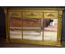 19th century gilt triple overmantel mirror with raised relief and repeating ball pediment with two