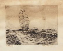 Rowland Fisher, ROI, RSMA,"The Grain ship" black and white etching, signed, dated 1933 and inscribed