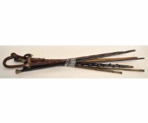 Bundle of eight assorted mixed walking sticks to include a horn handled walking stick, three