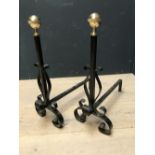 Pair of cast iron & brass top fire dogs