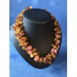 6 row amber & pink agate twist necklace