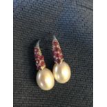 Pair of silver, ruby and freshwater pearl drop earrings