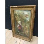 Oil on card, C19th girl in reeds with waterfowl above, indistinctly signed (E. Hutchinson ?) in